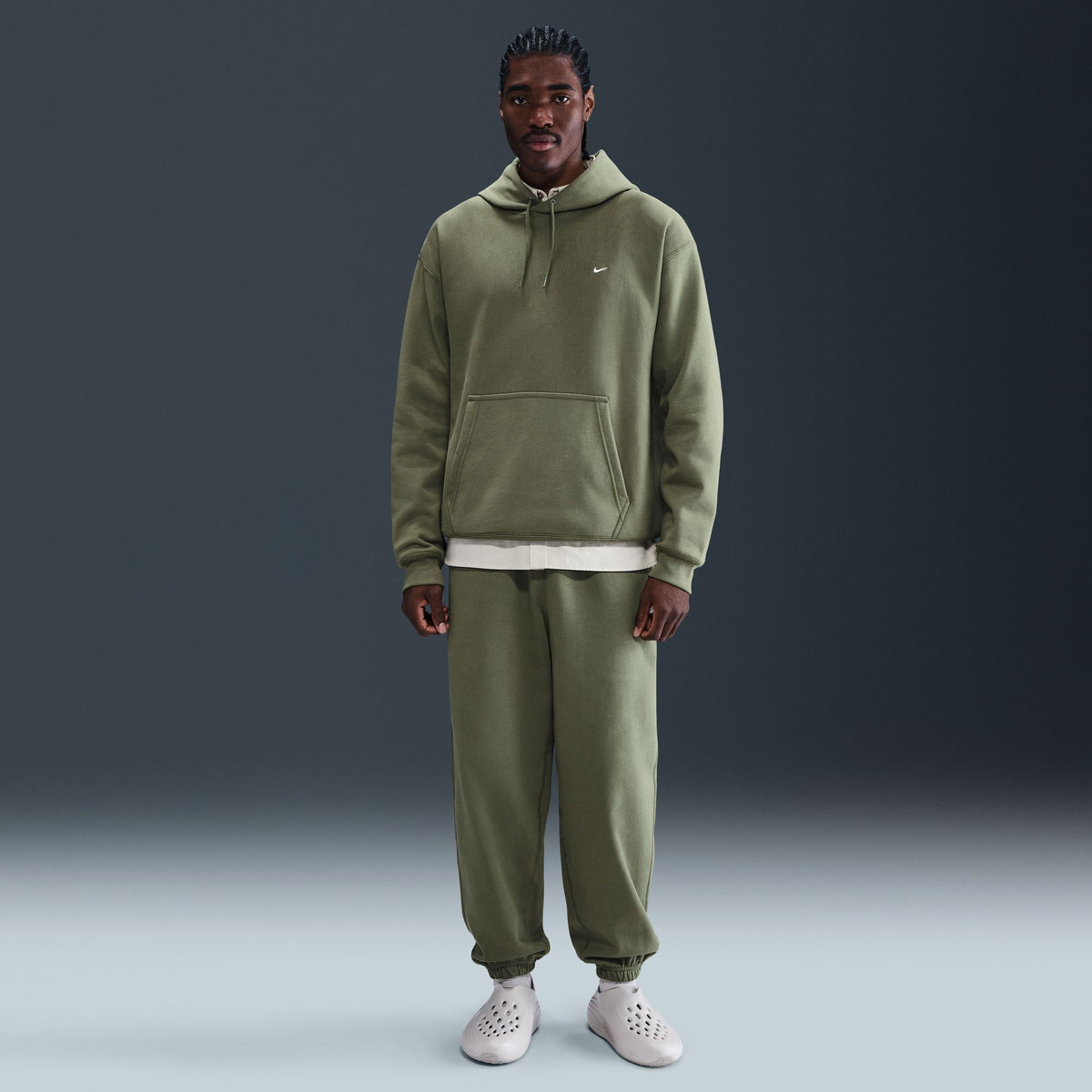 Nike Solo Swoosh Cuffed Fleece Pants - Medium Olive/White HV1088-222