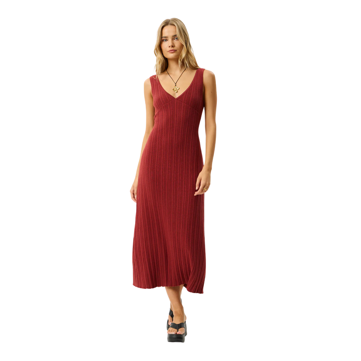 Afends W Iris Knit Midi Dress Red Rum