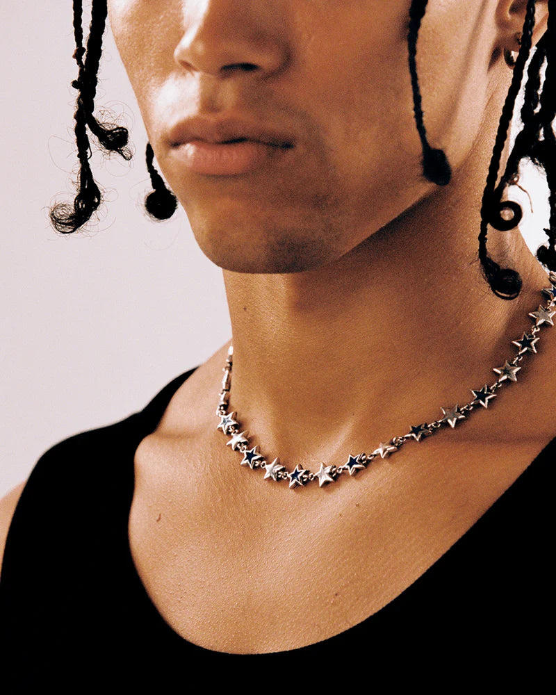 TwoJeys Blue Enameled Stars Necklace Silver