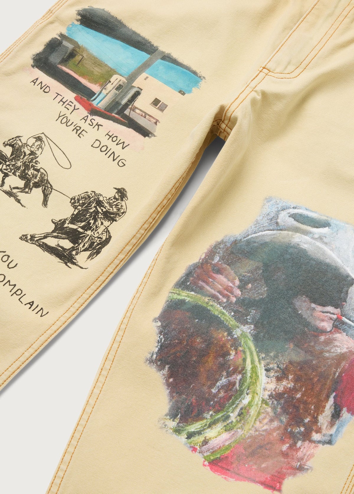 Just Like It Began Painters Pant - All Over Artwork Worn Tan