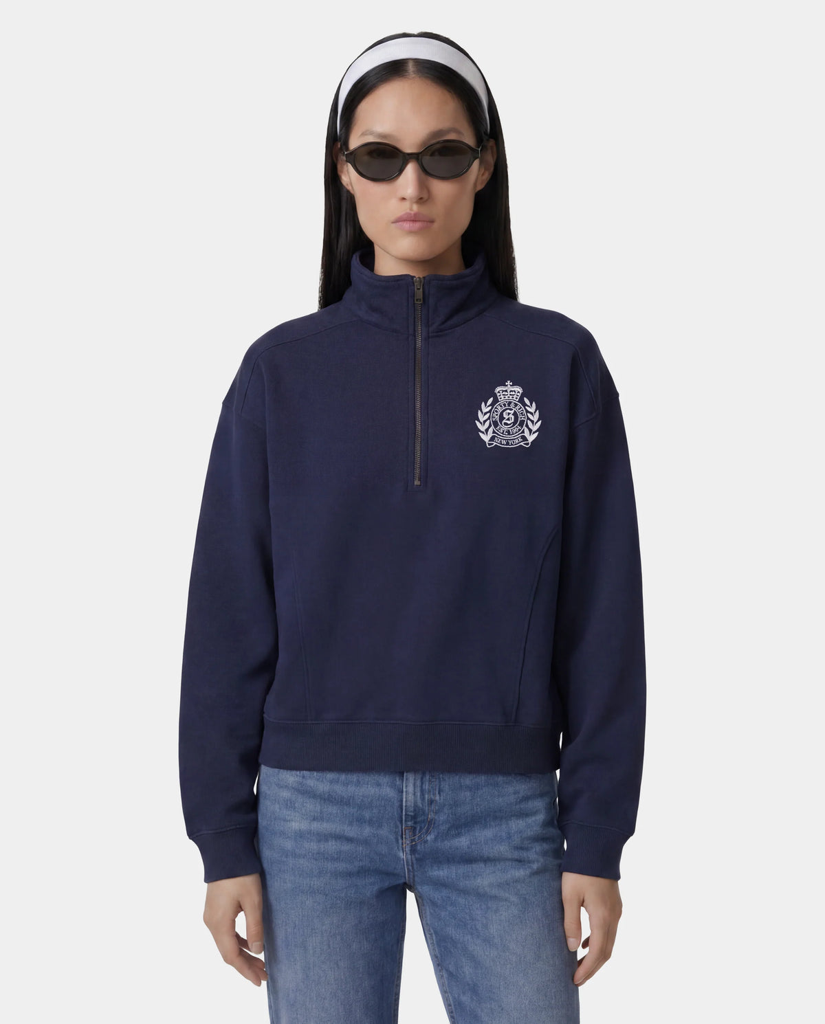 Sporty & Rich W NY Crest Embroidered Quarter Zip Dark Navy