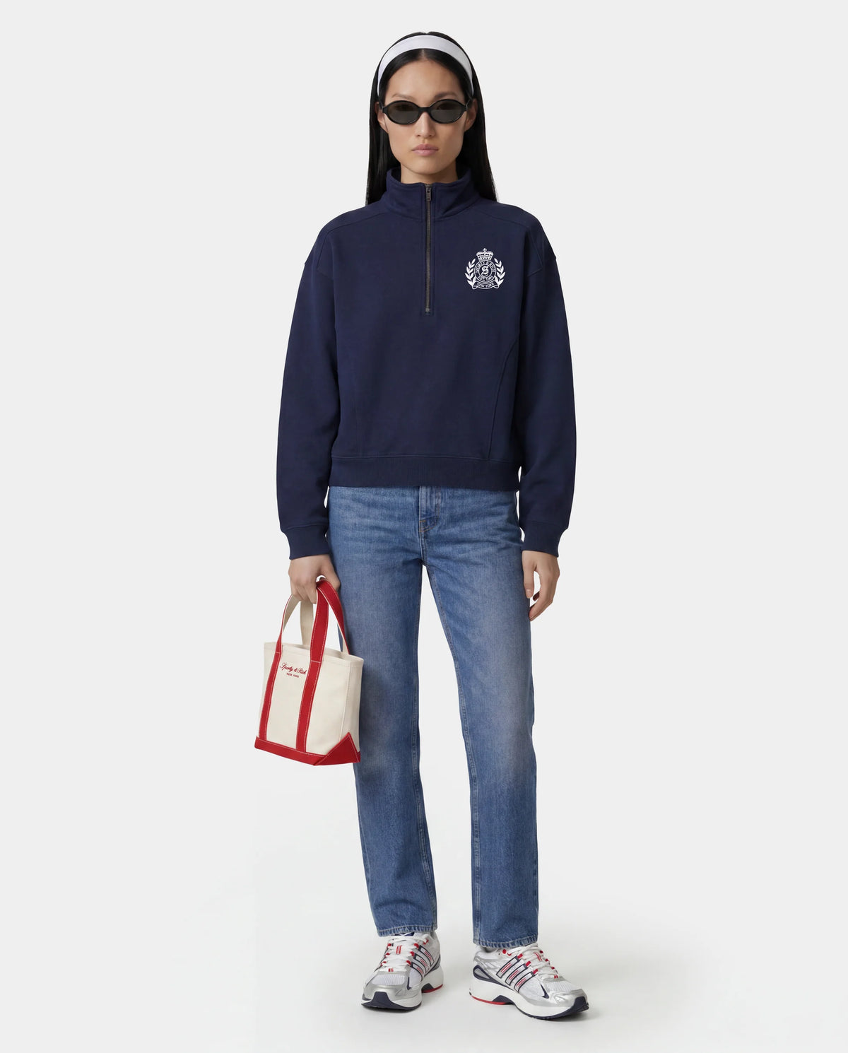 Sporty & Rich W NY Crest Embroidered Quarter Zip Dark Navy