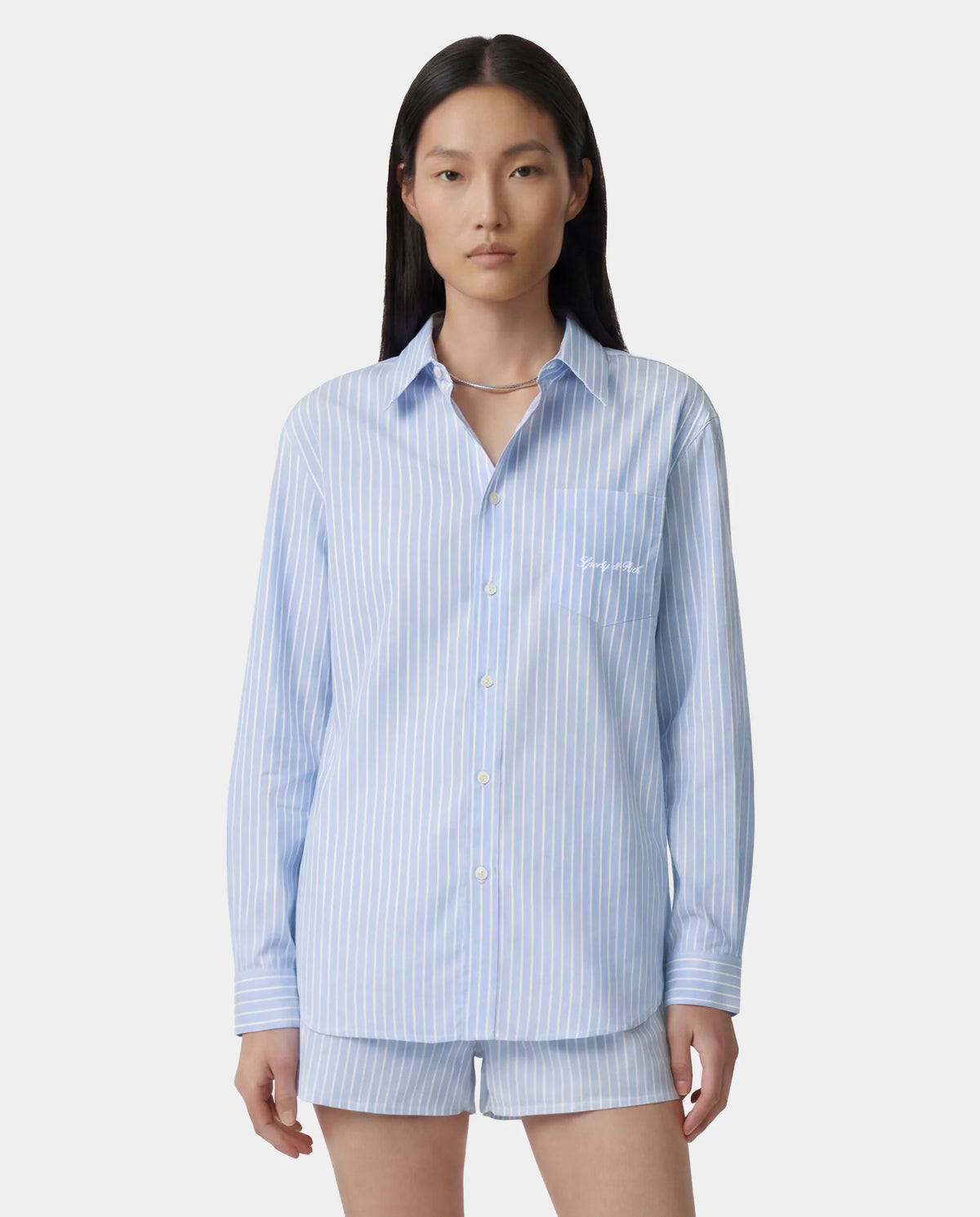 Sporty & Rich W Signature Logo Oversized Shirt Mist Striped