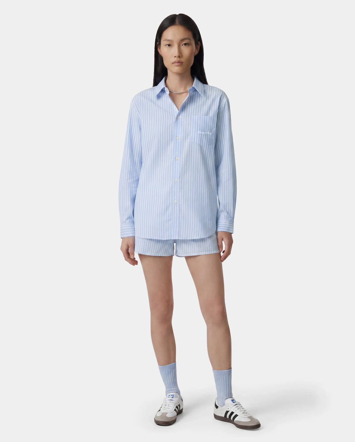 Sporty & Rich W Signature Logo Oversized Shirt Mist Striped