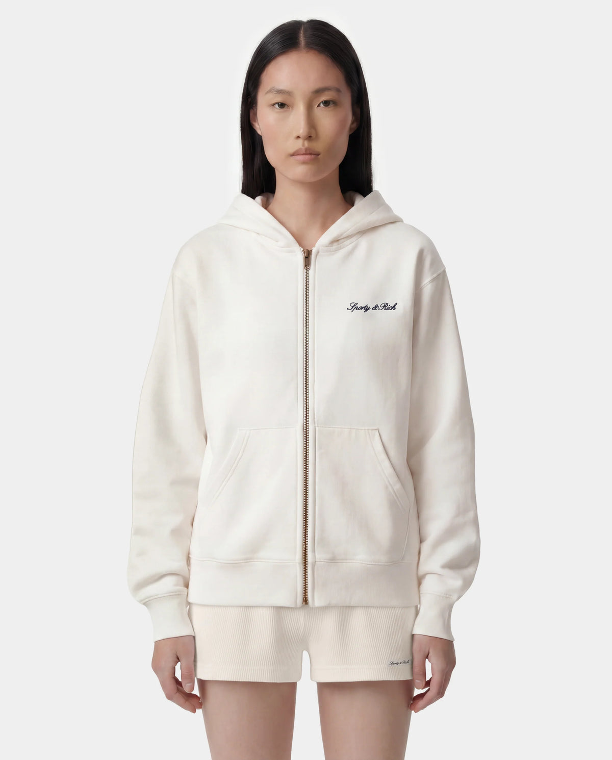 Sporty & Rich W Signature Logo Embroidered Zip Hoodie Ecru
