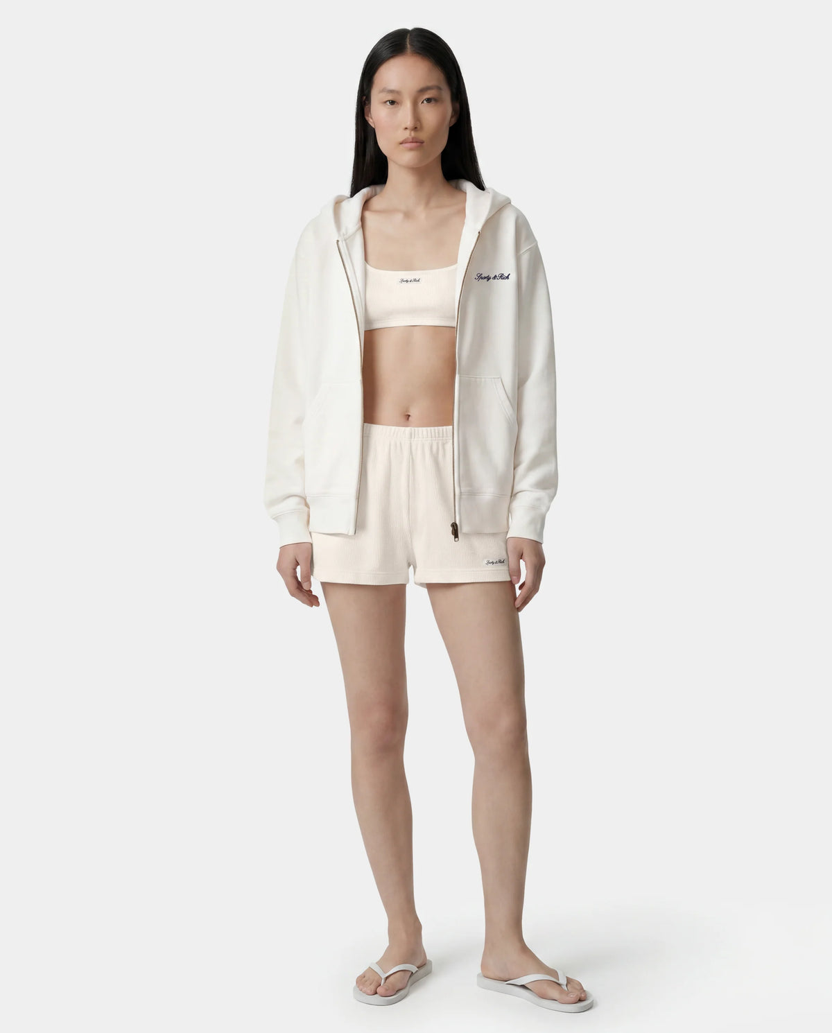 Sporty & Rich W Signature Logo Embroidered Zip Hoodie Ecru