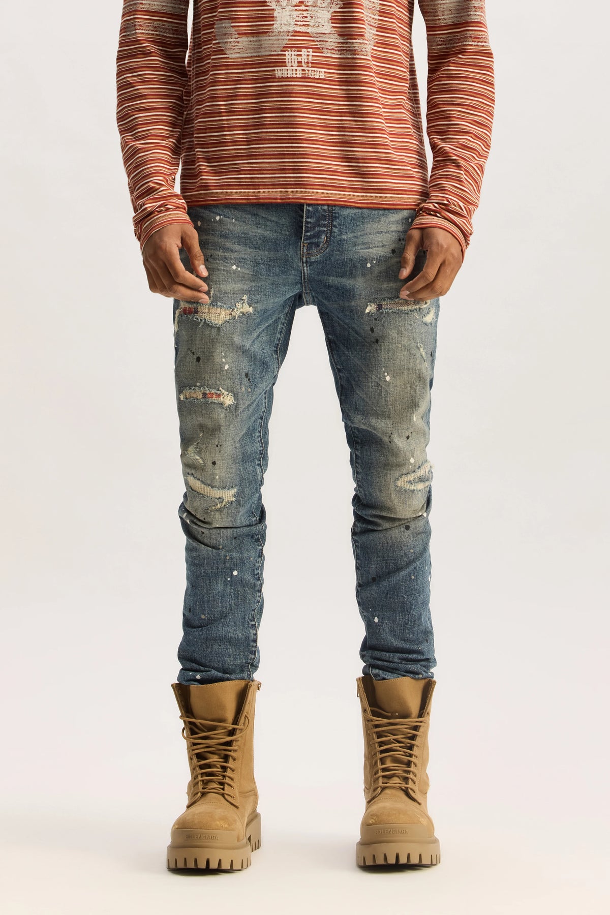 Purple P001 Skinny Plaid Paint Repair Jean Mid Indigo 