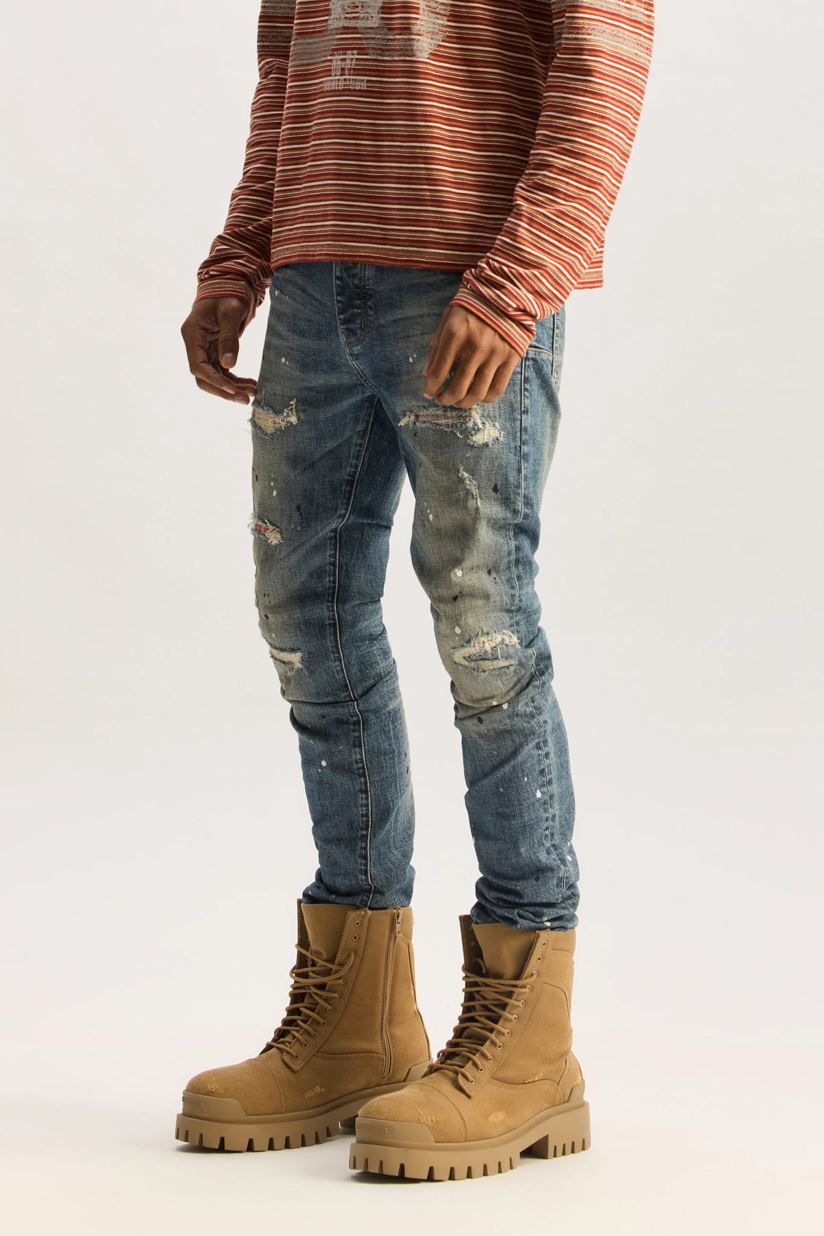 Purple P001 Skinny Plaid Paint Repair Jean Mid Indigo 