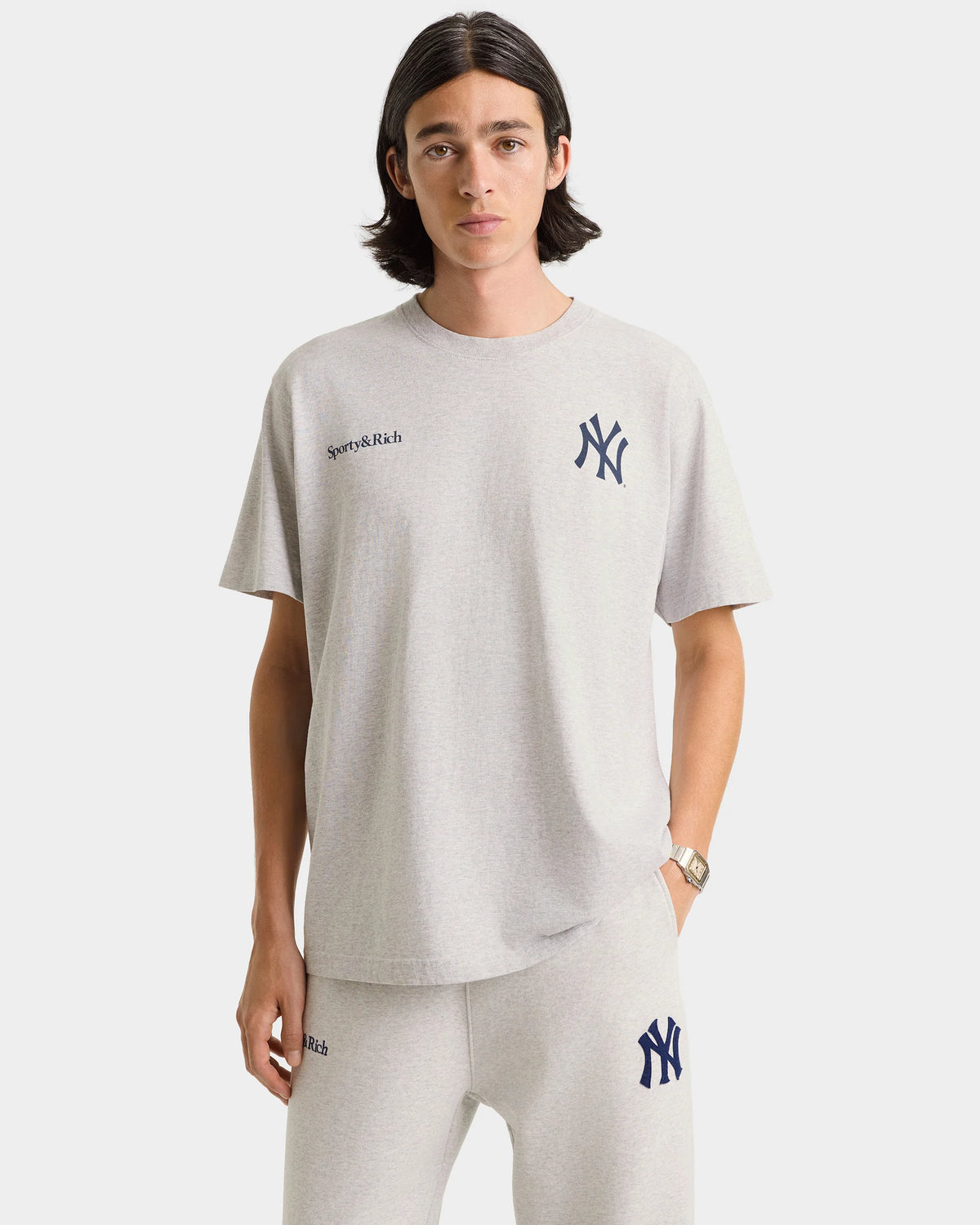 Sporty & Rich Yankees Curve T-Shirt Heather Gray