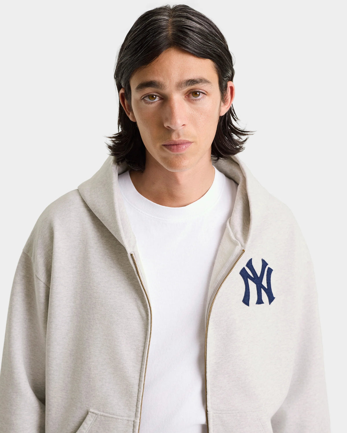 Sporty & Rich Heritage Yankees Serif Zip Hoodie Heather Gray