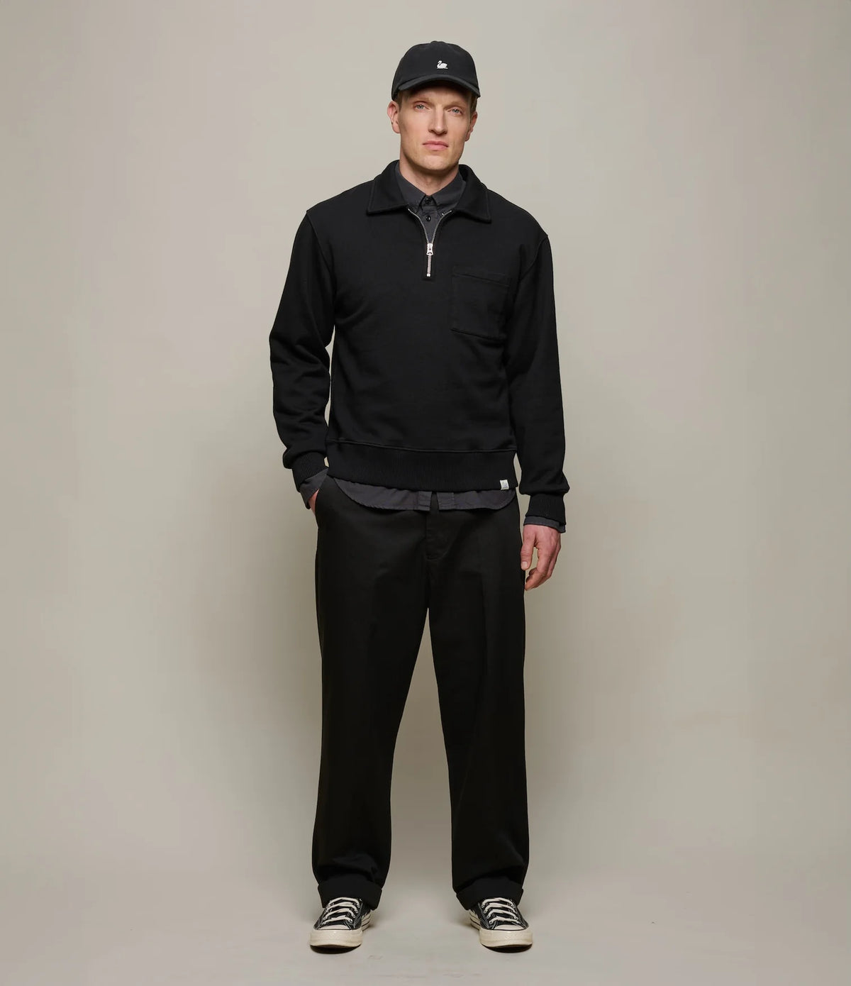 Merz B.Schwanen Authentic Fleece Polo Collared Half-Zip Cotton Sweatshirt Black
