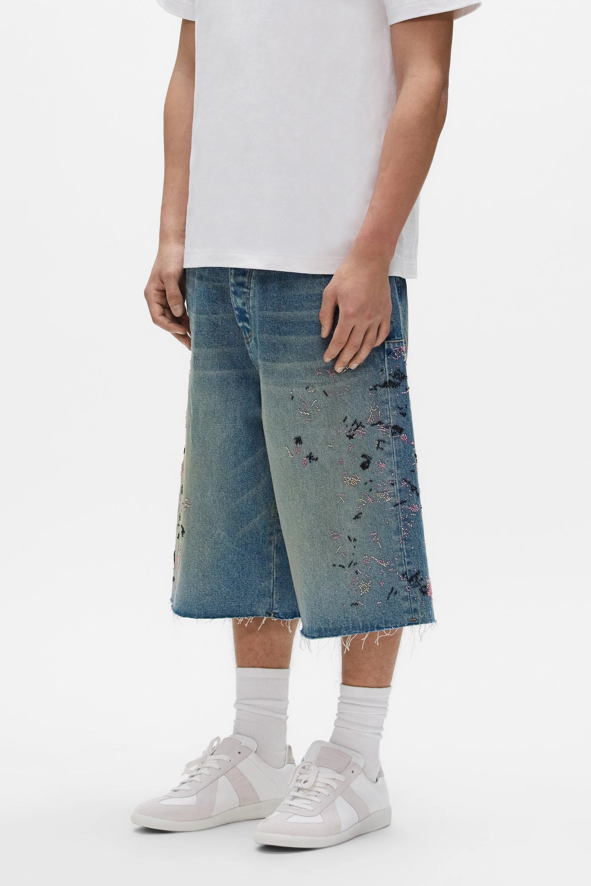 Purple Beaded Splatter Shorts Mid Indigo