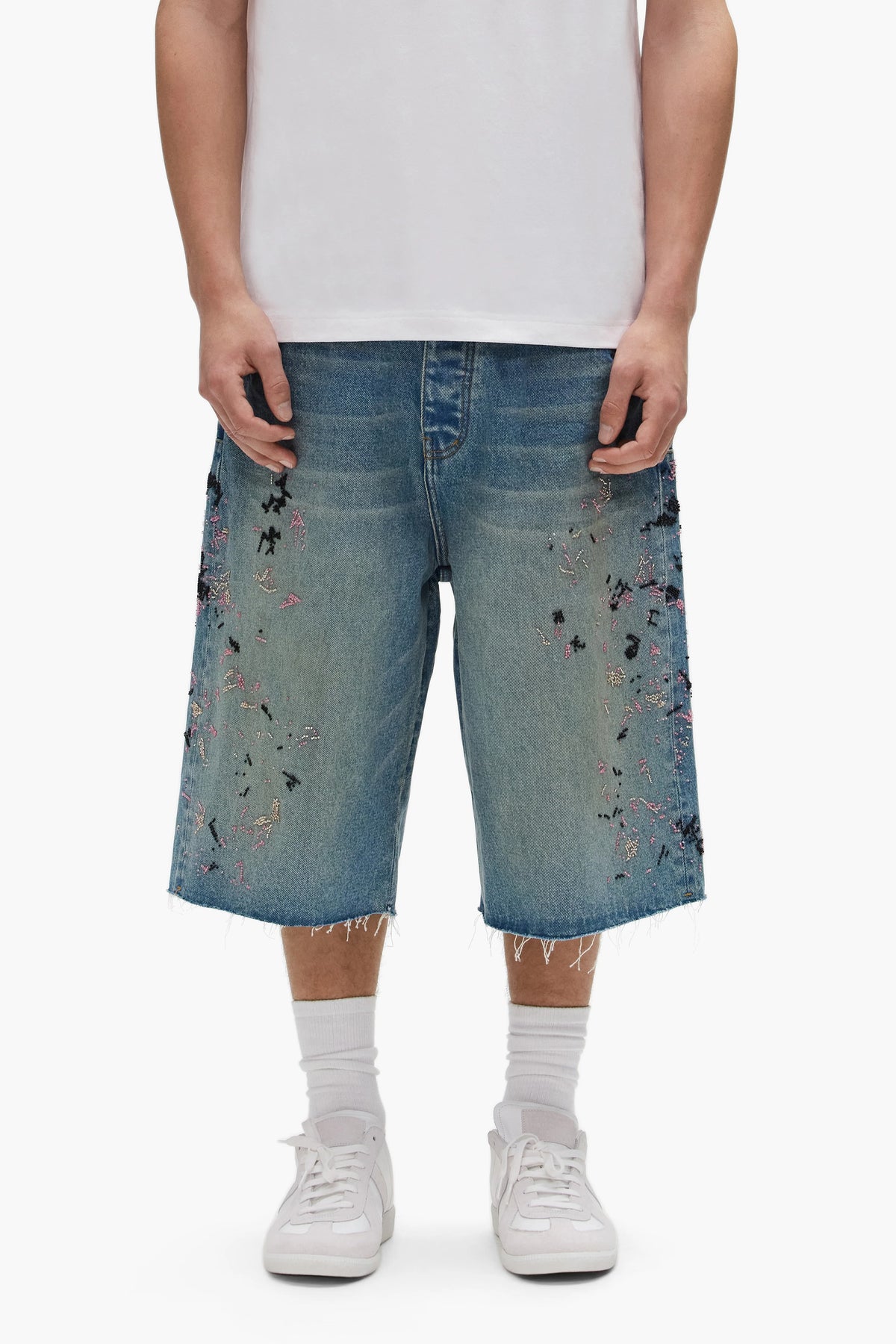 Purple Beaded Splatter Shorts Mid Indigo