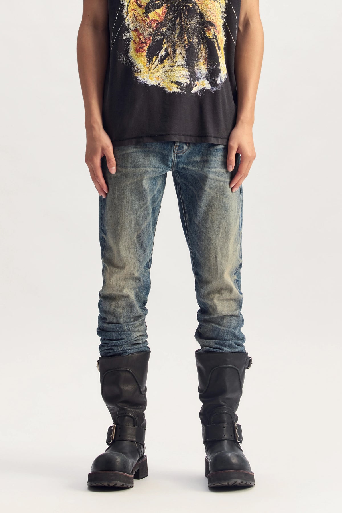Purple P001 Skinny Vintage Oil Stained Mid Indigo