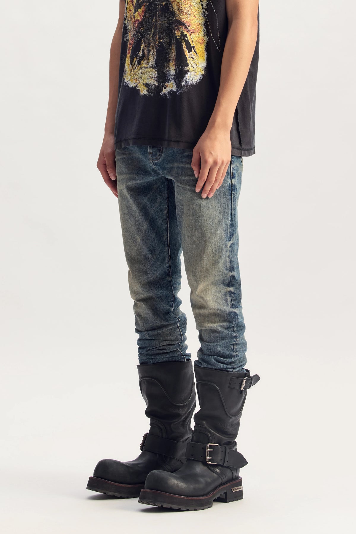 Purple P001 Skinny Vintage Oil Stained Mid Indigo