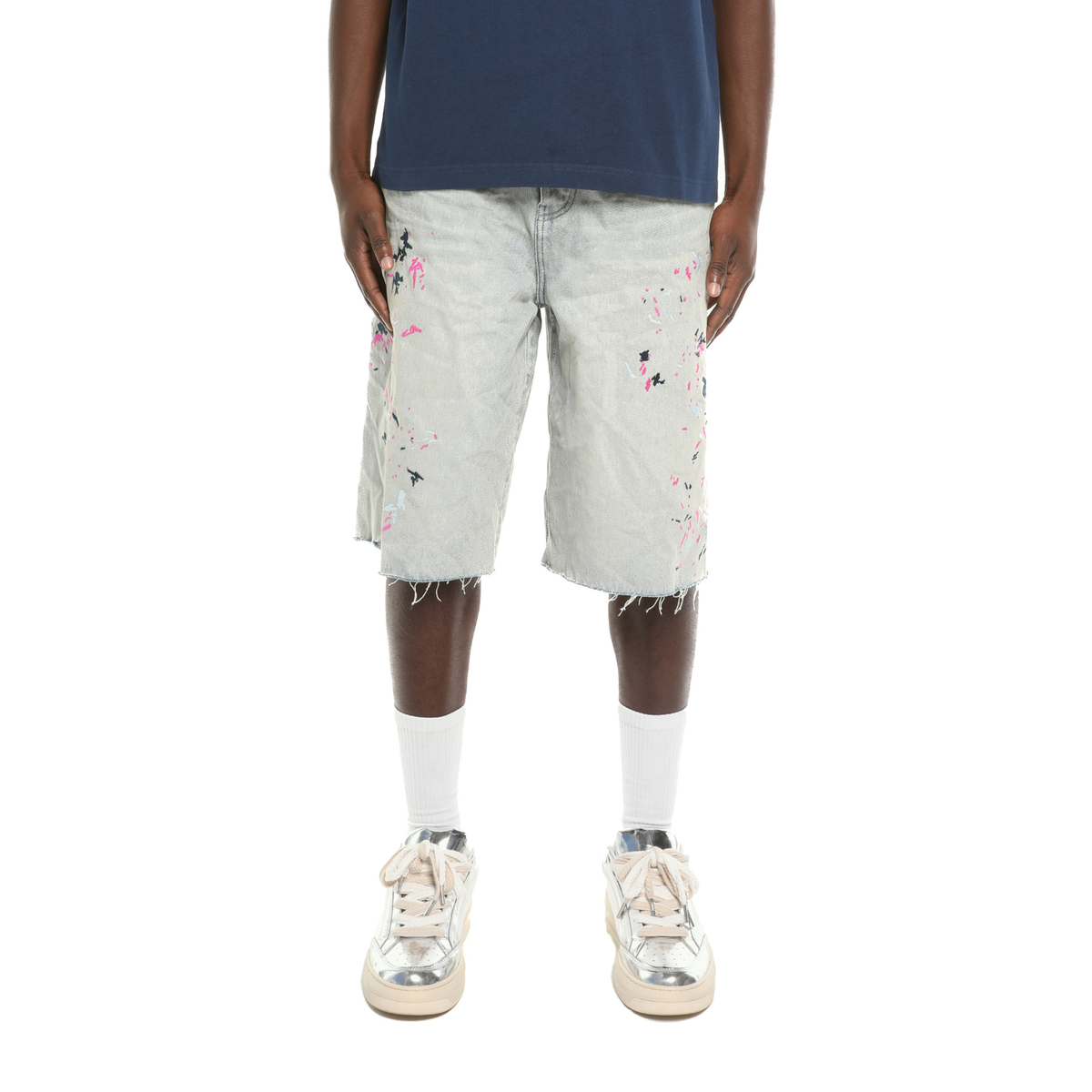 Purple Splatter Embroidery Shorts Light Indigo 