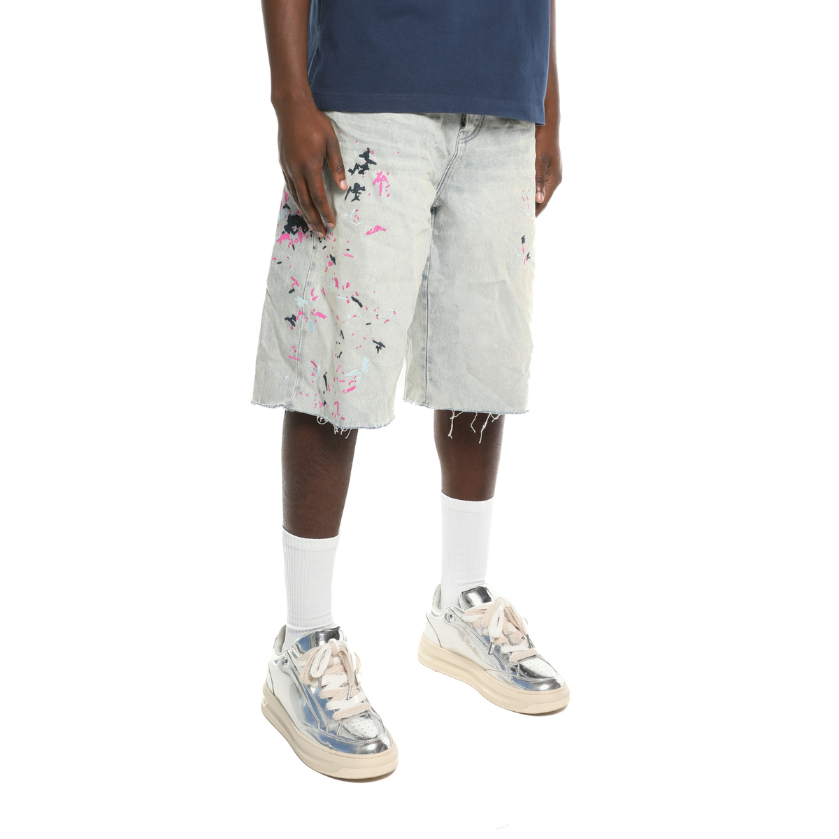 Purple Splatter Embroidery Shorts Light Indigo 