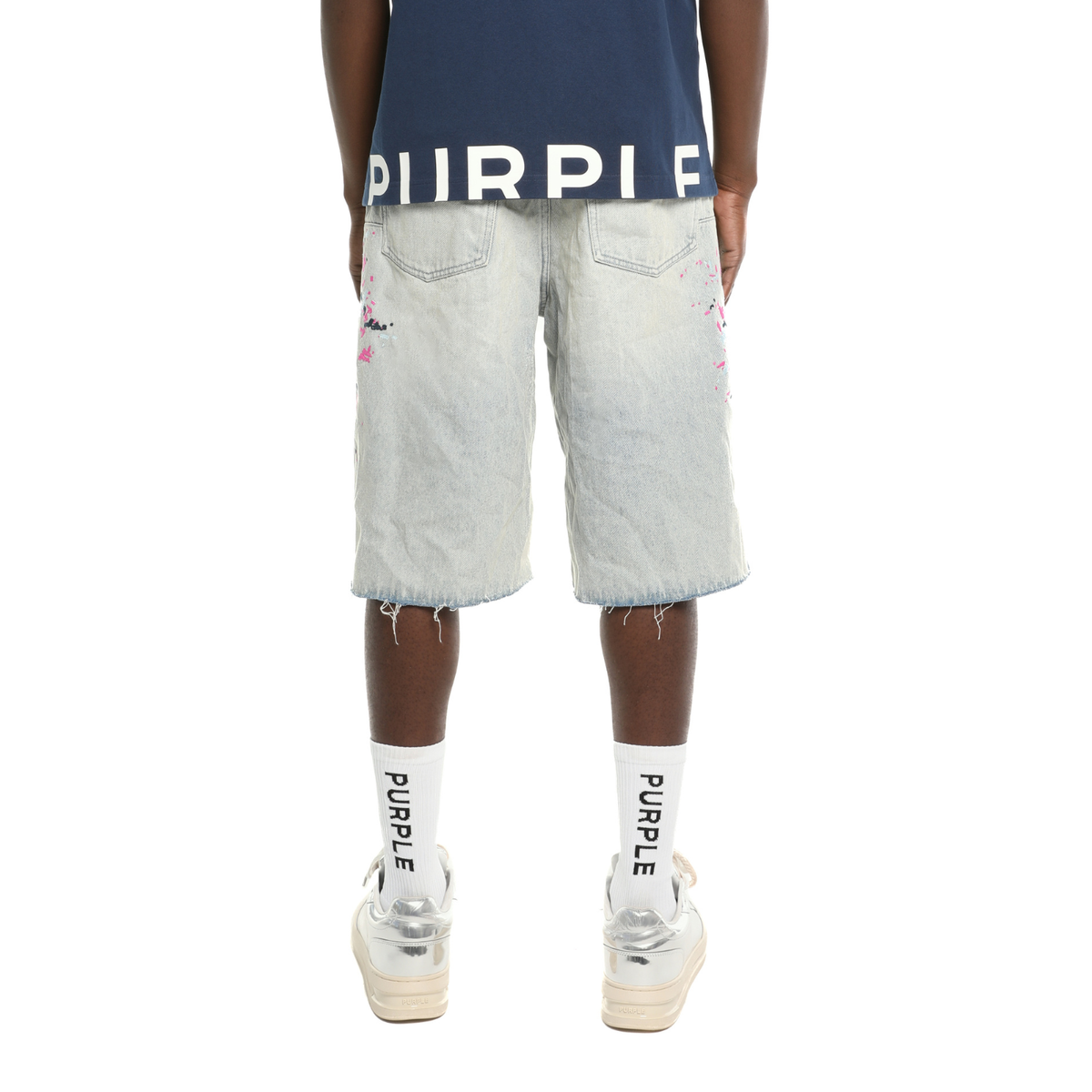 Purple Splatter Embroidery Shorts Light Indigo 