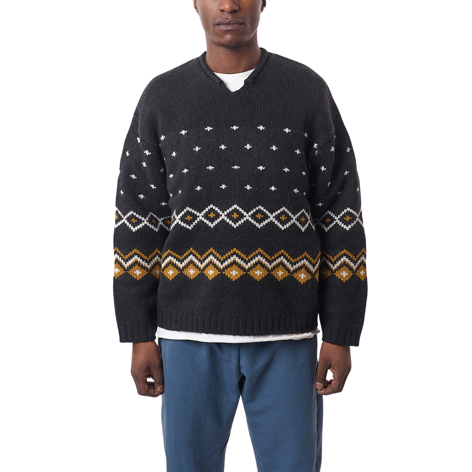 Stussy Roll V-Neck Fairisle Sweater - Charcoal I Momentum Stussy Roll V-Neck Fairisle Sweater - Charcoal I Momentum