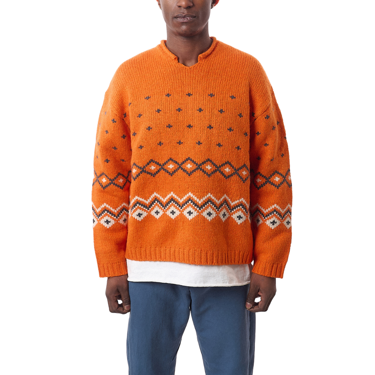 Stussy Roll V-Neck Fairisle Sweater - Orange