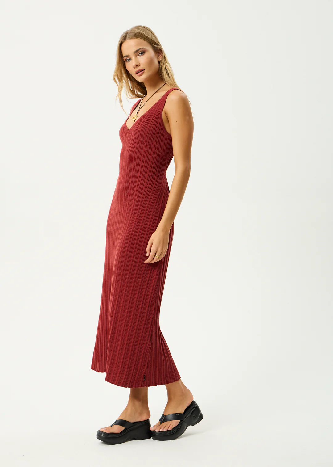 Afends W Iris Knit Midi Dress Red Rum