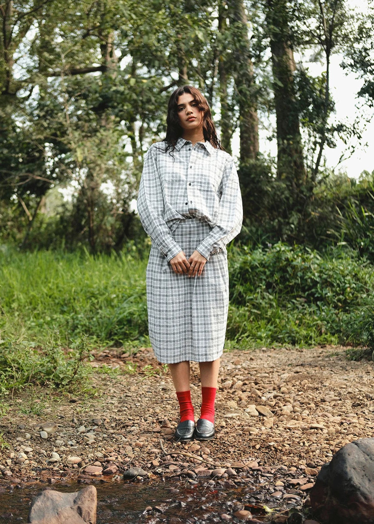 LEO CHECK MIDI SKIRT