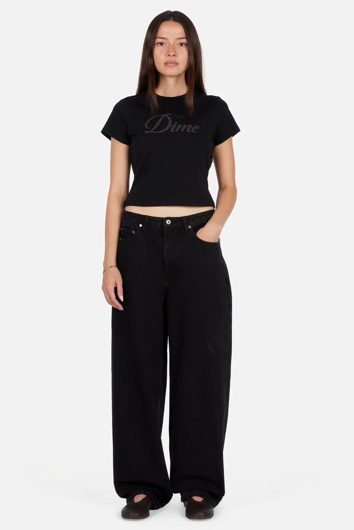 Dime W Cursive Crochet Tee Black