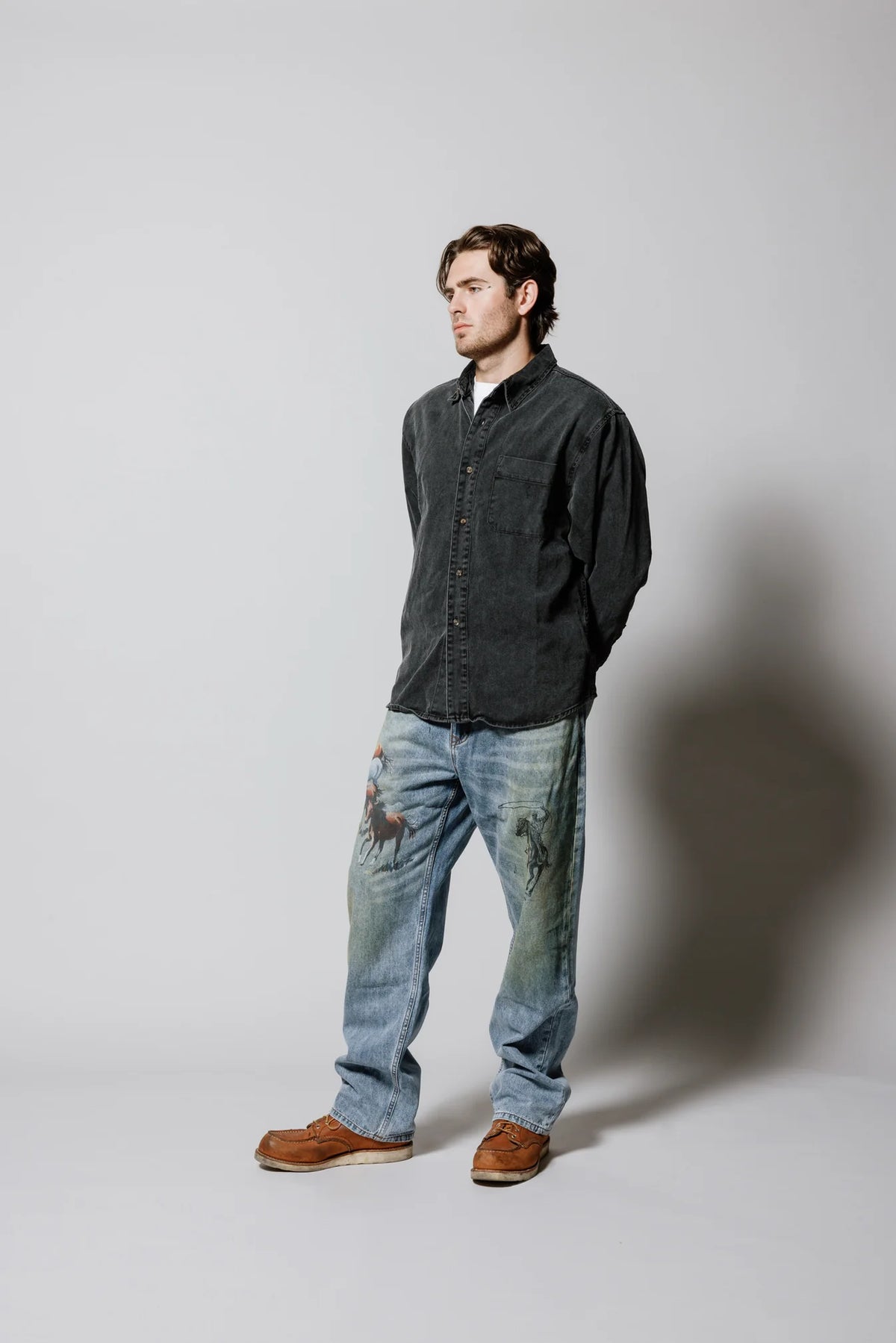 One of These Days Washed Black Denim Button Down Shirt
