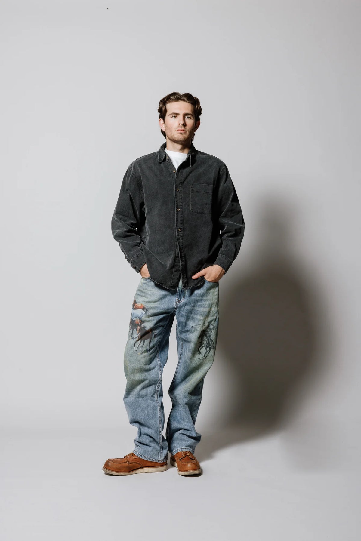 One of These Days Washed Black Denim Button Down Shirt